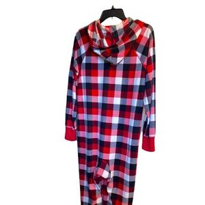 Family PJs Red S Women's Hooded One Piece Buffalo Check Plaid Flannel Knit Cuffs